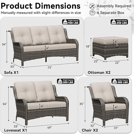 6 Piece Outdoor Wicker Patio Furniture Set, Patio Chairs Set with Thickened Olefin Cushions, High Back and Deep Seating, Hand-Woven PE Rattan, Ottoman for Porch, Deck