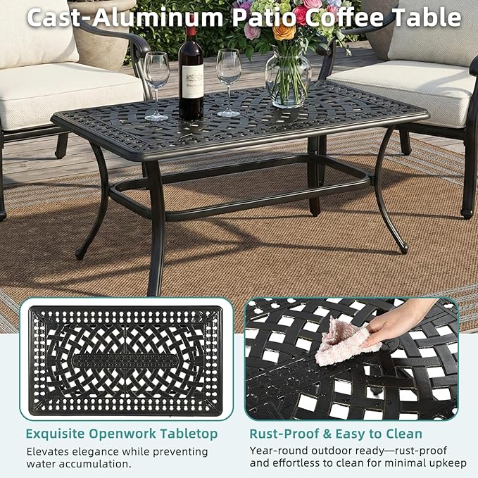 MEETWARM Outdoor Coffee Table, All-Weather Cast Aluminum 42" Rectangle Patio Coffee Table, 220 LBS Heavy Duty Patio Side Table for Balcony Poolside Deck Garden & Indoor Use, Dark Bronze