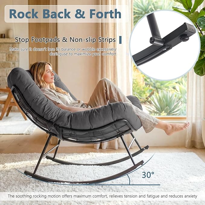 Cushioned Rocking Papasan Chair for Outdoor Indoor, Oversized Outdoor Rocking Chair with Cushion, Egg Rocker for Patio, Porch, Balcony, Lawn, Bedroom, Living Room, Gray