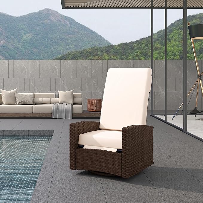 Outsunny Outdoor Wicker Swivel Recliner Chair, Reclining Backrest, Lifting Footrest, 360° Rotating Basic, Water-Resistant Cushions for Patio, Cream White