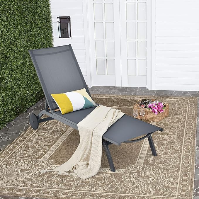 Tangkula 2 Pieces Outdoor Aluminum Chaise Lounge, Patio Lounge Recliner Chair w/6 Adjustable Backrest, Reclining Chaise Chair with Wheels for Beach, Yard, Balcony, Poolside (2, Gray)