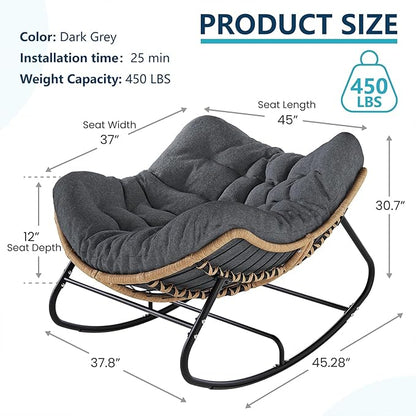 Outdoor Rocking Chair, Oversized Papasan Chair, Indoor Comfy Lounge Rocker with Cushion for Patio, Living Room, Porch, Balcony-Dark Grey