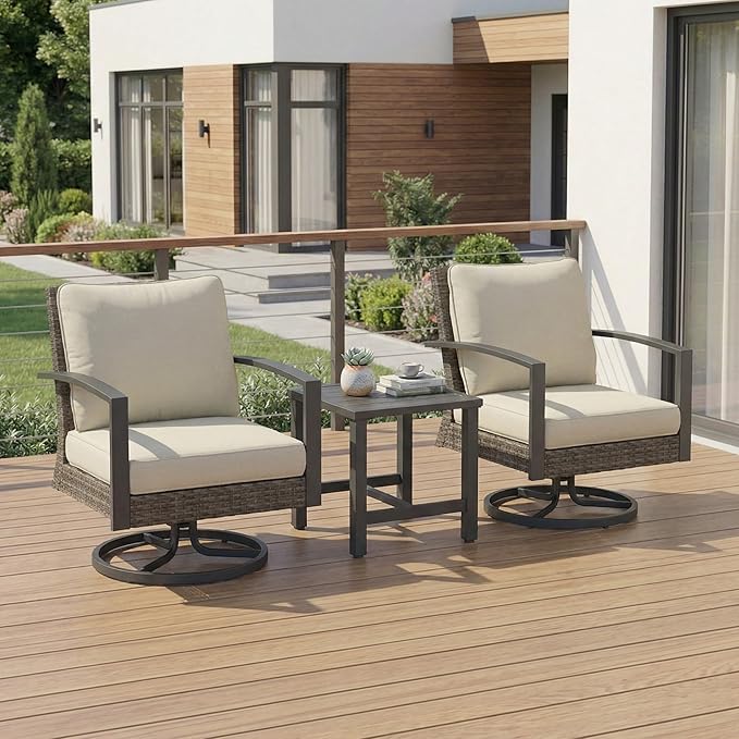 Green4ever 3-Pieces Patio Swivel Rocking Chairs Rocking with Sidetable, Metal Outdoor Rocking Chair, All Weather Rattan Patio Chairs for Porch, Bistro, Balcony, Beige
