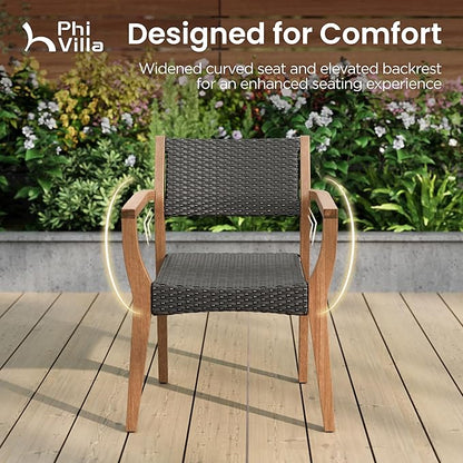 PHI VILLA Outdoor Acacia Wood Chairs Set of 4, Heavy-Duty Dining Armchairs with Wicker Back & Seat, Farmhouse Style Teak Seating Furniture for Patio, Deck, Yard, Balcony, Garden