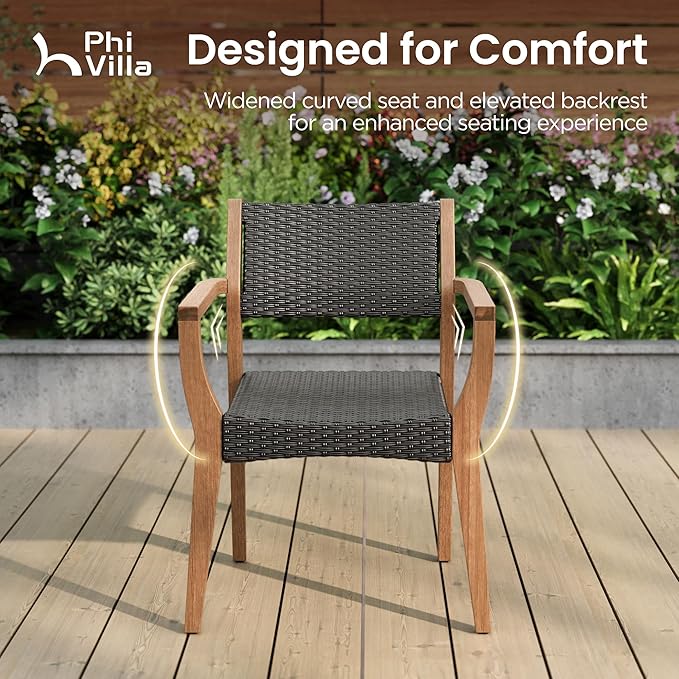 PHI VILLA Outdoor Acacia Wood Chairs Set of 2, Heavy-Duty Dining Armchairs with Wicker Back & Seat, Farmhouse Style Teak Seating Furniture for Patio, Deck, Yard, Balcony, Garden