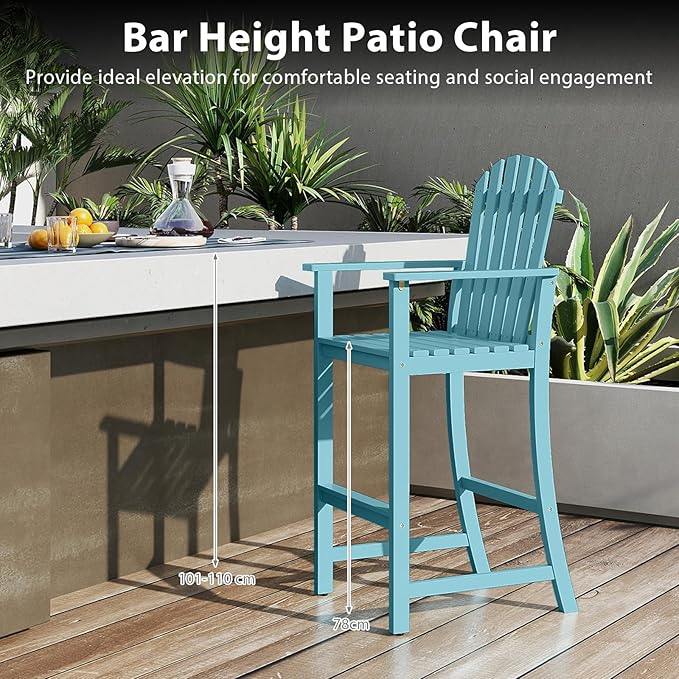 Tangkula Tall Adirondack Chair, Outdoor Acacia Wood Bar Stool with Back, Armrests and Footrest, Bar Height Patio Chair for Balcony, Porch, Deck and Backyard (1,Turquoise)