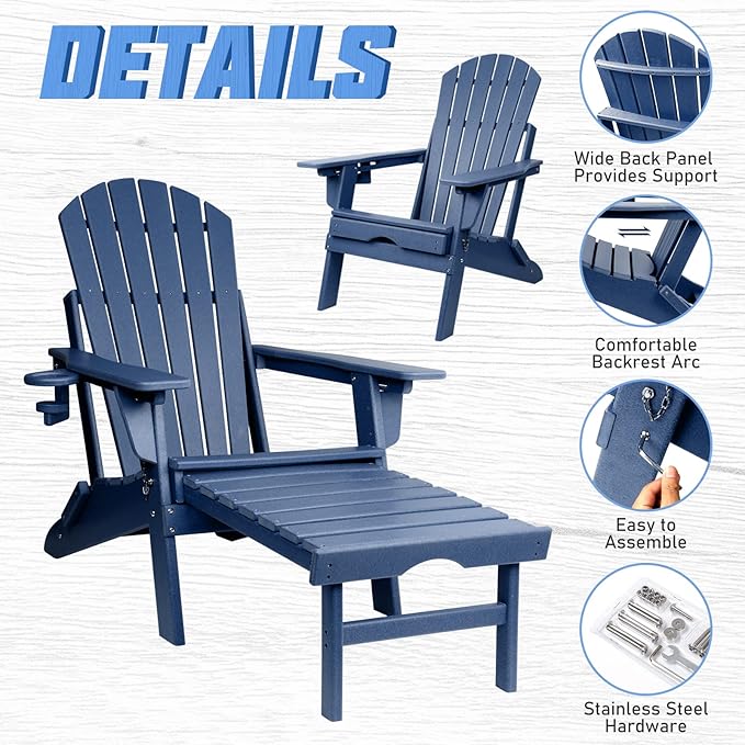 FUNBERRY Adjustable Folding Adirondack Chairs Set of 2 with Retractable Ottoman, All Weather Fire Pit Chairs with Cup Holder