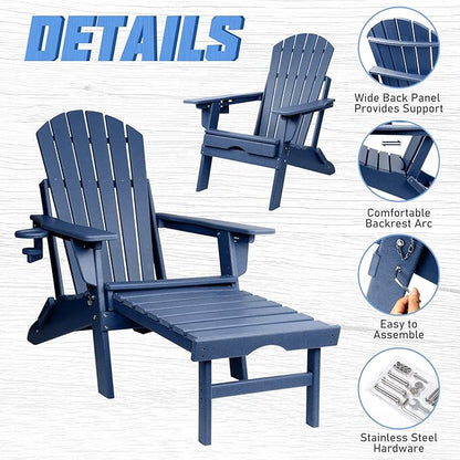 FUNBERRY Adjustable Folding Adirondack Chair with Retractable Ottoman, All Weather Fire Pit Chairs with Cup Holder