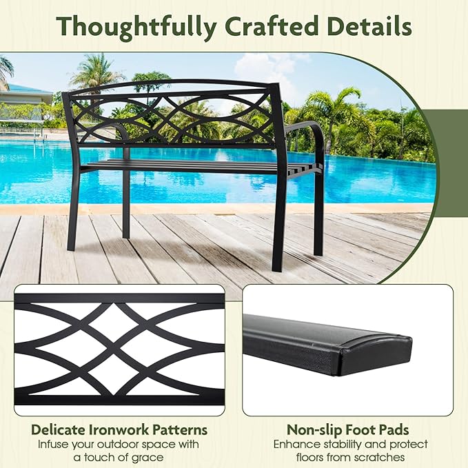 Giantex Outdoor Bench, 45.5” Patio Garden Bench with Backrest, Curved Armrests, Heavy-Duty Metal Frame, Slatted Seat, Outside Patio Seating Furniture for Backyard, Poolside, Porch, Park