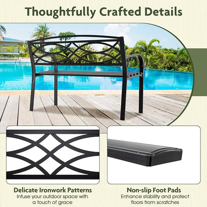 Giantex Outdoor Bench, 45.5” Patio Garden Bench with Backrest, Curved Armrests, Heavy-Duty Metal Frame, Slatted Seat, Outside Patio Seating Furniture for Backyard, Poolside, Porch, Park