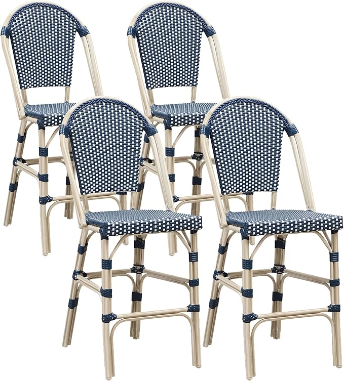 PURPLE LEAF French Counter Height Bar Stool Set of 4 25" White Print Finish Patio Bar Chairs with Back Rattan Bar Chairs French Bistro Set for Kitchen Outdoor Counter Stool Royal Blue