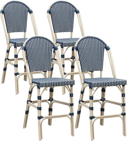 PURPLE LEAF French Counter Height Bar Stool Set of 4 25" White Print Finish Patio Bar Chairs with Back Rattan Bar Chairs French Bistro Set for Kitchen Outdoor Counter Stool Royal Blue