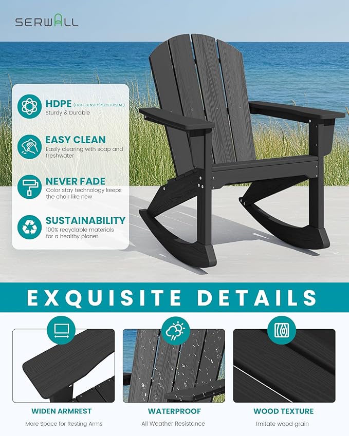 SERWALL Outdoor Adirondack Rocking Chairs Set of 8, All-Weather HDPE Adirondack Rocker Chair, Front Porch Rocker Chairs for Patio Lawn Porch Deck, Black