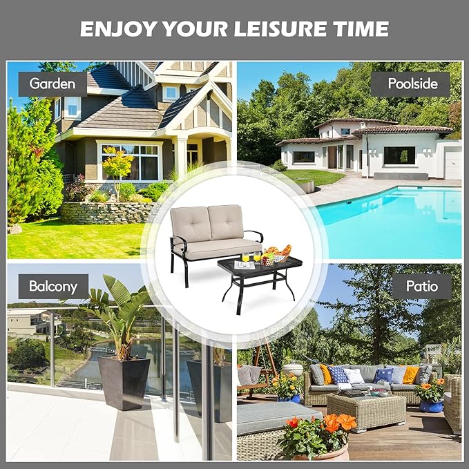 RELAX4LIFE Patio Loveseat with Coffee Table - 2-Piece Patio Conversation Sofa Set w/Backrest & Cushions, Modern Outdoor Glider Bench for Garden, Backyard, Poolside, Metal Porch Furniture (Beige)