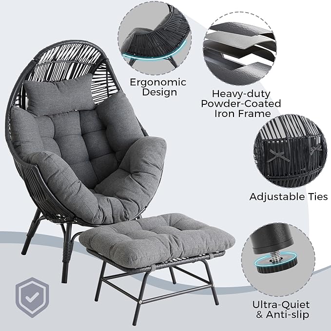 IRONCK Wicker Outdoor Egg Chair with Ottoman, Patio Lounge Chair with Footrest, Thickened Padded Cushion and Headrest - Photo 5