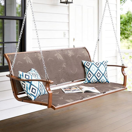 Heavy Duty Porch Swing Outdoor, 900LBS Capacity Textilene Hanging Bench Swing Chair with Extended Chains, 3-Seat Patio Swing with Pillows, Weather-Resistant for Tree, Patio, Backyard, Brown