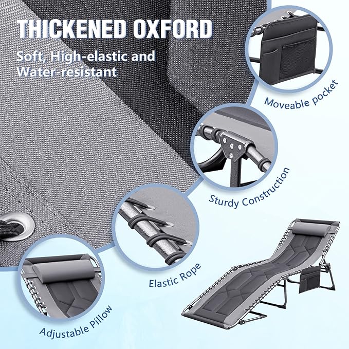 Devoko 4-Fold Padded Portable Folding Outdoor Chaise Lounge Heavy Duty Reclining Chair with Pillow & Side Pocket for - Photo 6