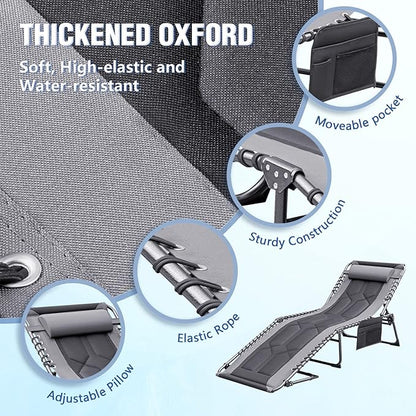 Devoko 4-Fold Padded Portable Folding Outdoor Chaise Lounge Heavy Duty Reclining Chair with Pillow & Side Pocket for Patio, Beach, Pool, Camping, Sunbathing (Gray)