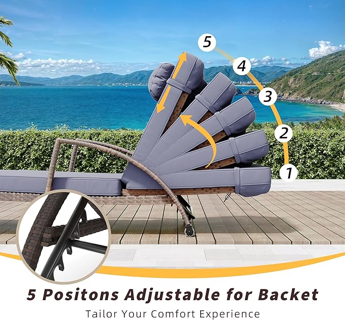 Garvee Chaise Lounge Outdoor Set of 2, PE Rattan Wicker Pool Lounge Chairs with 5-Level Adjustable Backrest - Photo 3