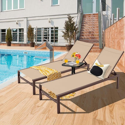 Tangkula Aluminum Lounge Chair Outdoor, Patio Adjustable Chaise Lounge with 6-Position Backrest, Aluminum Frame, Breathable Fabric, Lightweight Recliner Pool Chairs for Poolside, Backyard (2, Brown)