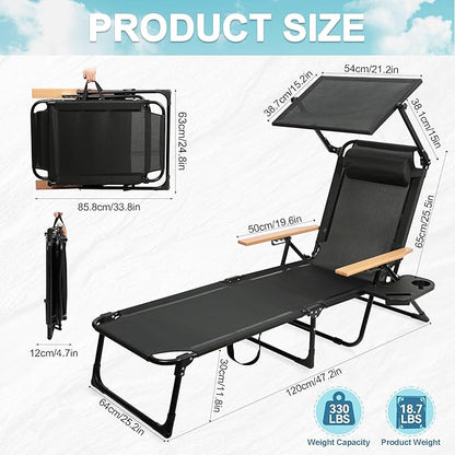 Outdoor Chaise Lounge Chair with 4-Position Adjustable Backrest,Patio Folding Sun Tanning Chair,Pillow & Cup Holder,Portable Recliner Sunbathing Lounger Chairs for Beach Garden (Black with Shade)