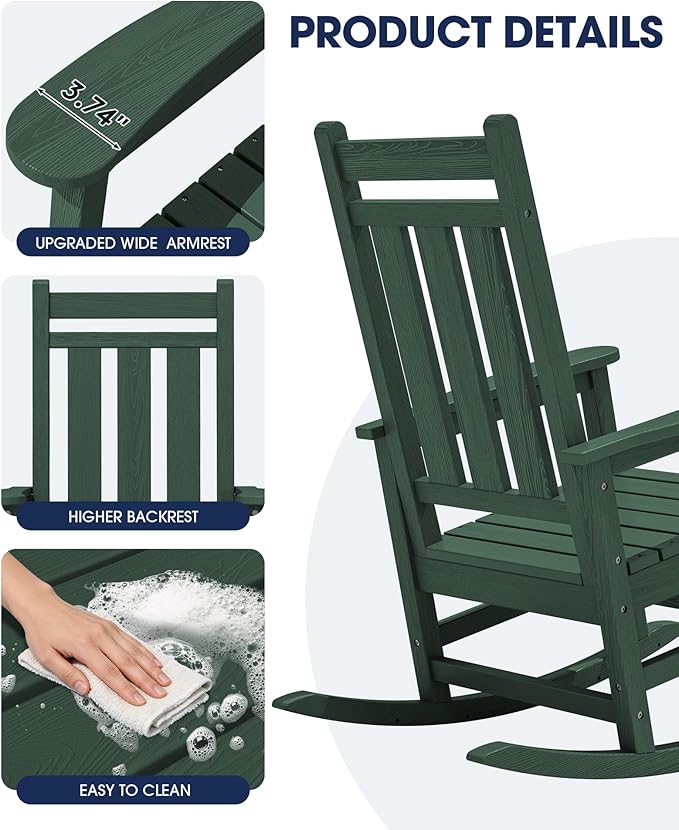 KINGYES Oversized Outdoor Rocking Chair Set of 2, All-Weather Patio Rocking Chairs for Porch, HDPE Outdoor Patio Rockers with High Back & Wide Seat for Garden, Lawn, Green