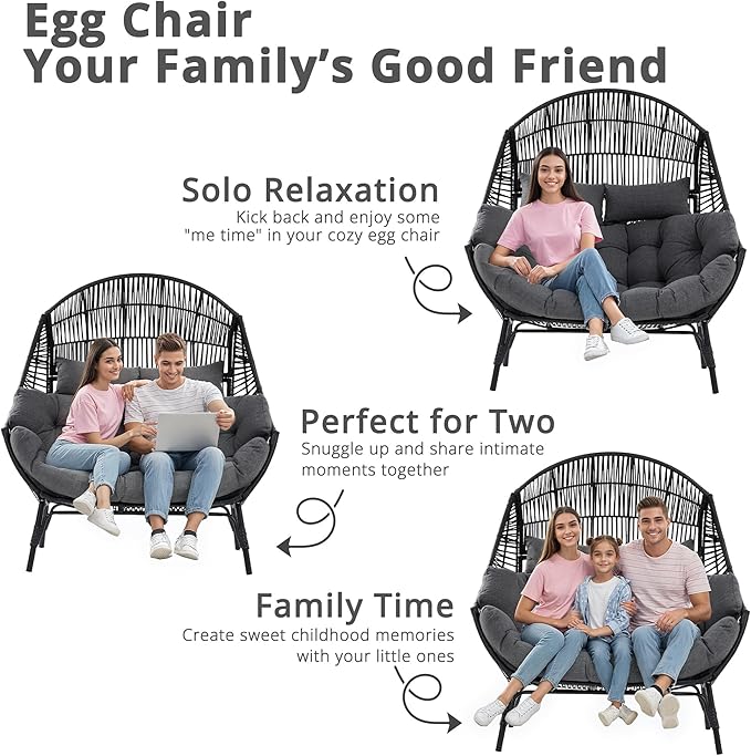 IRONCK Double Egg Chair Outdoor, 2 Person Wicker Lounge Chair, Oversized Thickened Padded Cushions and Headrests, 680 Lbs Egg Loveseat for Indoor, Patio, Living Room, Porch, Balcony, Dark Grey