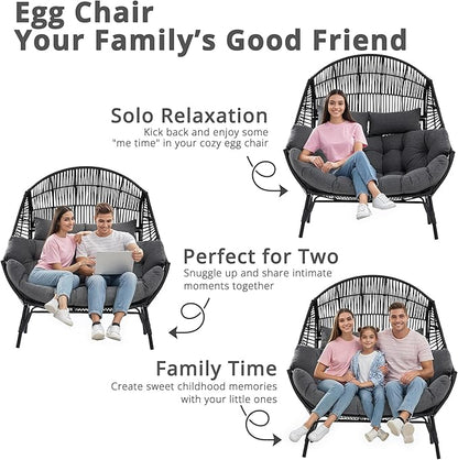 IRONCK Double Egg Chair Outdoor, 2 Person Wicker Lounge Chair, Oversized Thickened Padded Cushions and Headrests, 680 Lbs Egg Loveseat for Indoor, Patio, Living Room, Porch, Balcony, Dark Grey