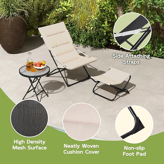 Abba Patio Outdoor Chaise Lounge Chair,Reclining Folding Patio Camping Chair with Separate Footrest,Adjustable Chaise Lounges for Outside,Poolside Beach Lawn Indoor,Beige