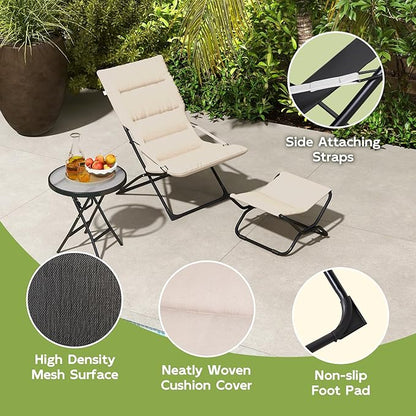 Abba Patio Outdoor Chaise Lounge Chair,Reclining Folding Patio Camping Chair with Separate Footrest,Adjustable Chaise Lounges for Outside,Poolside Beach Lawn Indoor,Beige