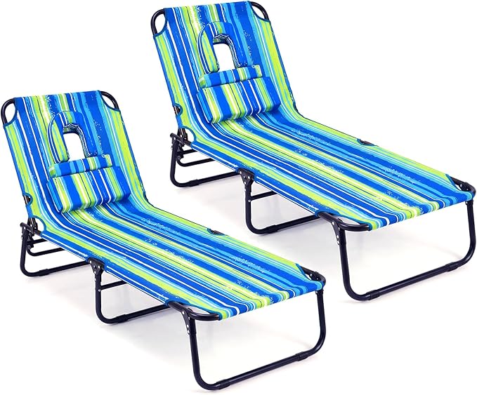 GYMAX Tanning Chair, Folding Lounge Chairs with Face Hole & Cover, Removable Pillow Carry Handle - Photo 1