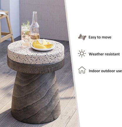 HOMPUS Outdoor Side Table with Imitation Terrazzo Desktop - Lightweight Mushroom Shape End Table, MgO Patio Accent, Unique Plant Stand, Concrete Coffee for Indoor Outdoor Use, Grey