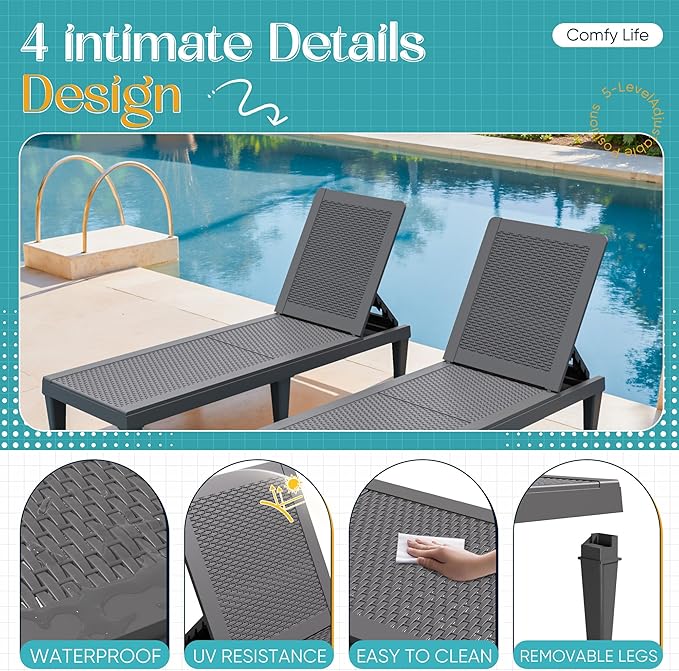 Greesum Outdoor Chaise Lounge Chairs Set of 4 with 5-Position Adjustable Backrest - Photo 4