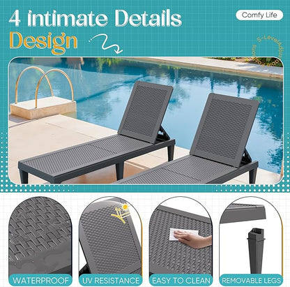 Greesum Outdoor Chaise Lounge Chairs Set of 4 with 5-Position Adjustable Backrest, Waterproof PP Sun Loungers for Garden Pool Beach Patio Deck Sunbathing, Grey