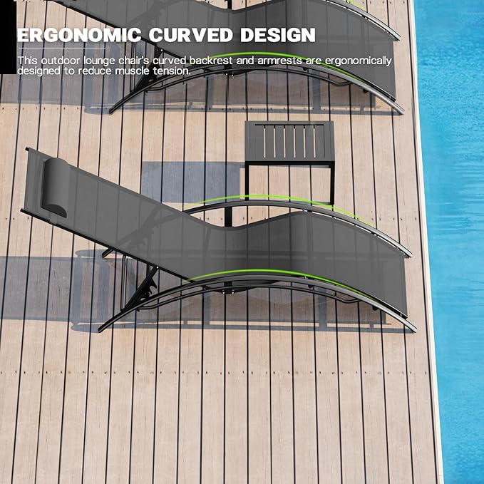 Aluminum Outdoor Chaise Lounge Set of 3,Patio Textilene Lounge Chairs w/Metal Table&Headrest,Sunbathing Recliner w/5 Adjustable Backrest for Outside Yard Balcony Garden Pool Beach Deck,Grey