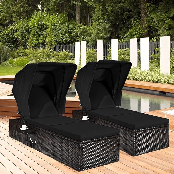 Tangkula 2PCS Outdoor Chaise Lounge Chair with Folding Canopy, Adjustable Cushioned Reclining Chair with Flip-up Tea Table, Rattan Sun Lounger for Beach Poolside Backyard Balcony Porch (2, Black)