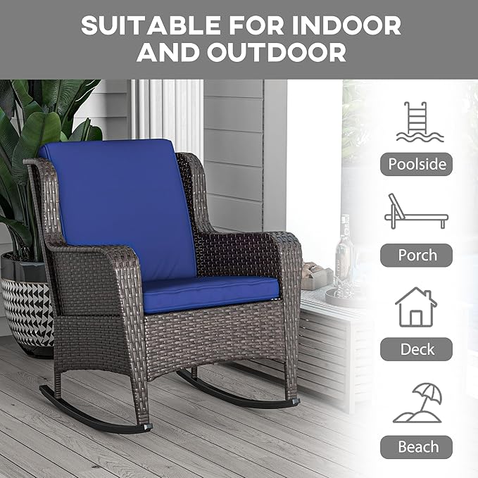 Outsunny Outdoor Wicker Rocking Chair with Wide Seat, Thick Cushions, Rattan Rocker with Steel Frame, High Weight Capacity for Patio, Garden, Backyard, Dark Blue