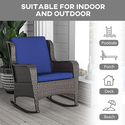 Outsunny Outdoor Wicker Rocking Chair with Wide Seat, Thick Cushions, Rattan Rocker with Steel Frame, High Weight Capacity for Patio, Garden, Backyard, Dark Blue