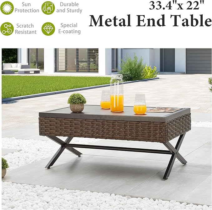 LOKATSE Home Outdoor Side Wicker Table Patio Rattan Bistro Furniture Metal Frame End Coffee Tables with X Shaped Steel Legs & Wood Grain Desktop