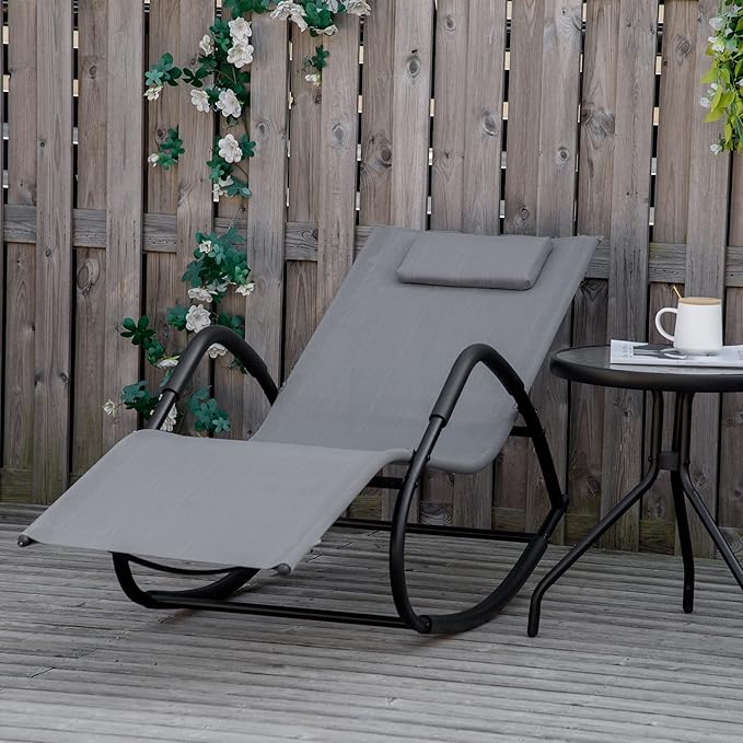 Outsunny Rocking Chair, Zero Gravity Patio Chaise Sun Lounger, Outdoor Rocker, UV Water Resistant, Pillow for Sunbathing - Photo 2