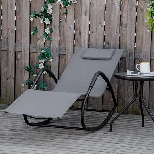 Outsunny Rocking Chair, Zero Gravity Patio Chaise Sun Lounger, Outdoor Rocker, UV Water Resistant, Pillow for Sunbathing, Lawn, Garden or Pool, Gray