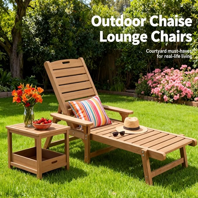 Psilvam Adjustable Chaise Lounge Chair - 350lb Capacity All-Weather Poly Lumber Recliner for Poolside, Patio, Porch - Light Brown
