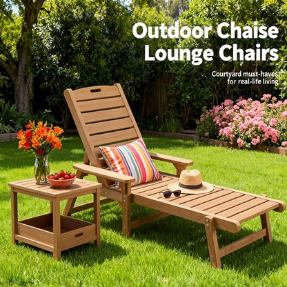 Psilvam Adjustable Chaise Lounge Chair - 350lb Capacity All-Weather Poly Lumber Recliner for Poolside, Patio, Porch - Light Brown
