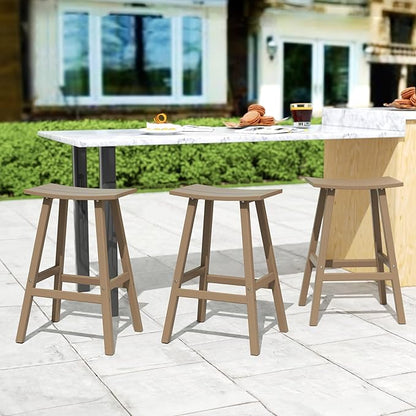 Costaelm All-Weather Bar Stools Set of 3, 29" Height Outdoor Bar Stools, Adirondack Poly Patio Bar Stool for Patio, Deck, Kitchen Counter and Garden, Weathered Wood