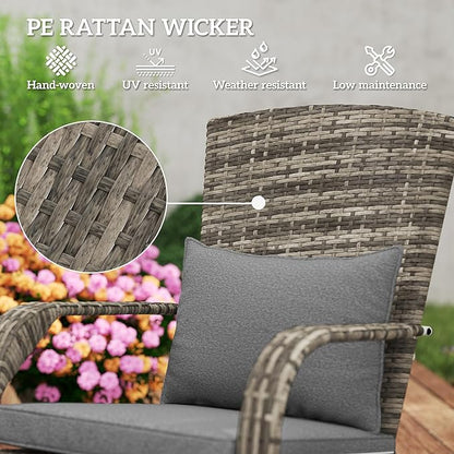 Outsunny Patio Wicker Adirondack Chair with Ottoman, Outdoor Fire Pit Chair with Cushions, High-Back, Large Seat & Armrests for Deck, Garden & Backyard, Gray