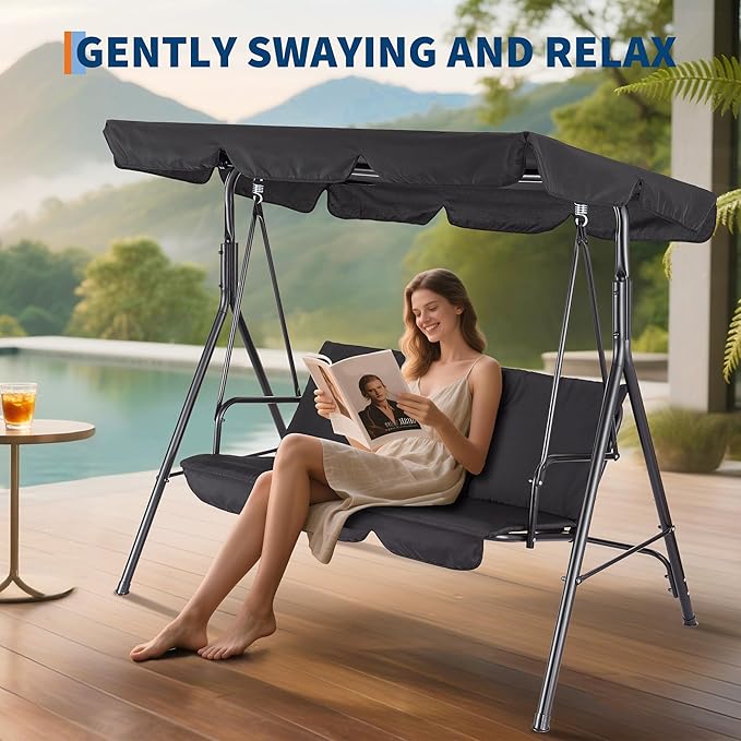 GarveeLife Outdoor Porch Swing Chair with Adjustable Canopy for Adults, 3-Seat Patio Glider Bench with Thick Cushions - Photo 7