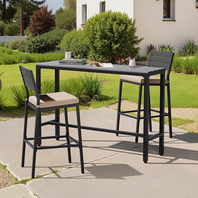 Crestlive Products Outdoor Bar Table, 55'' Rectangle Patio Counter Height Table High Pub Table with Waterproof Top and Sturdy Metal Frame for Balcony, Bistro, Garden, Backyard, Hot Tub (Gray)