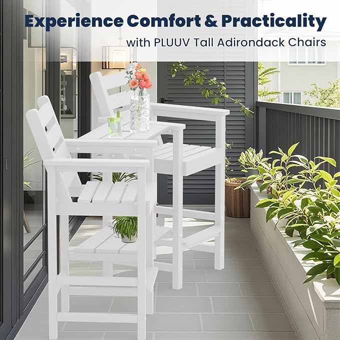 PLUUV Tall Adirondack Chairs Set of 2, All Weather HDPE Poly Bar Height Balcony Adirondack Chair with Removable Double Connecting Trays, Outdoor Adirondack Barstools for Deck, Patio, Yard, Pool, Lawn