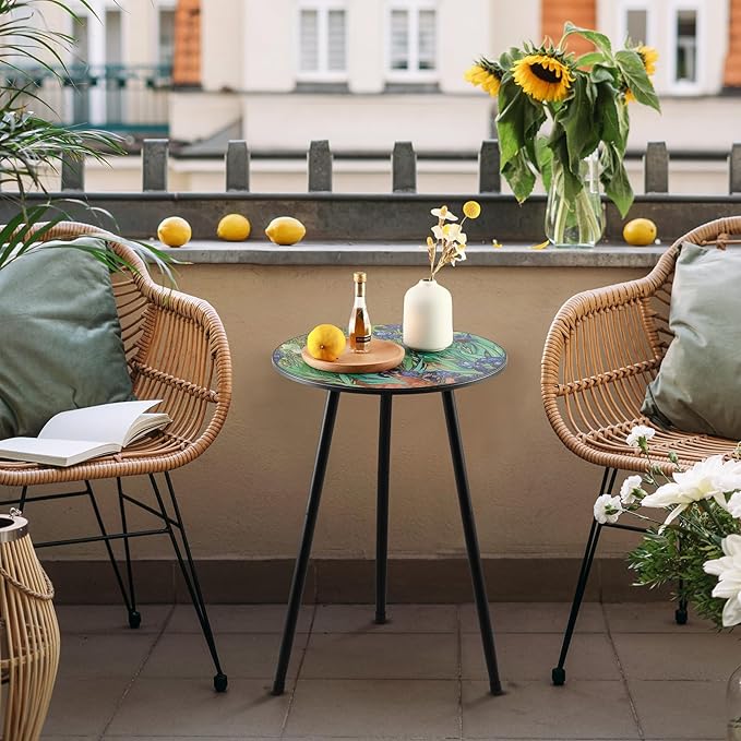 2 Packs Metal Outdoor Side Table Irises Patio Side Tables for Outside Small End Tables Round Patio Coffee Table Plant Stand for Balcony, Indoor, Bedroom, Living Room, Small Space