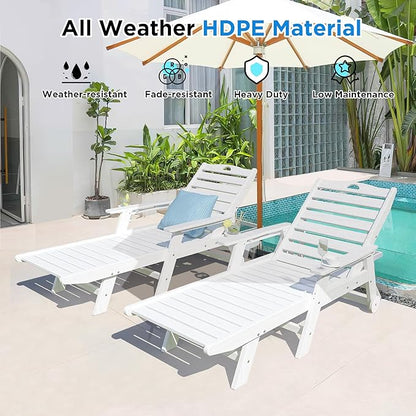 nalone HDPE Chaise Lounge Chair Outdoor with Wheels & Cup Holder, Pool Lounge Chairs with 5-Position Adjustable Backrest, Supports Up to 400 LBS for Patio Poolside Deck Beach Backyard (White)